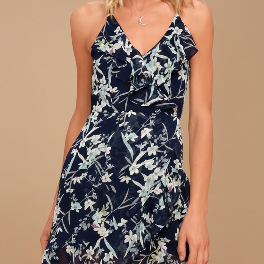 Lulus Belong To You Navy Blue Floral Print Sleeveless Dress - Size Large